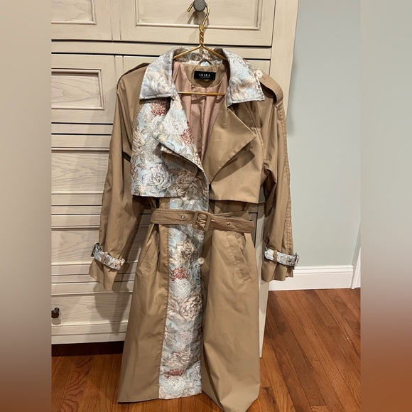AKIRA Jackets & Blazers - AKIRA Beige Trench Coat with Floral Jacquard Accents
